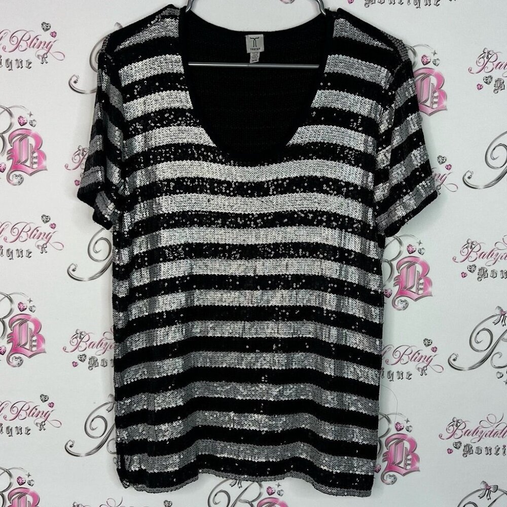 Tristan tshirt tee sequins sparkly glitter Black and Silver Sequin Striped Tee